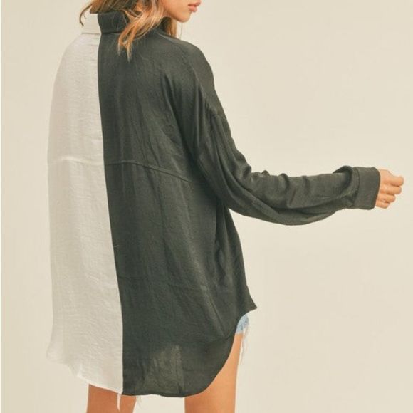 Miou muse Black and white color block button down shirt - Picture 3 of 4